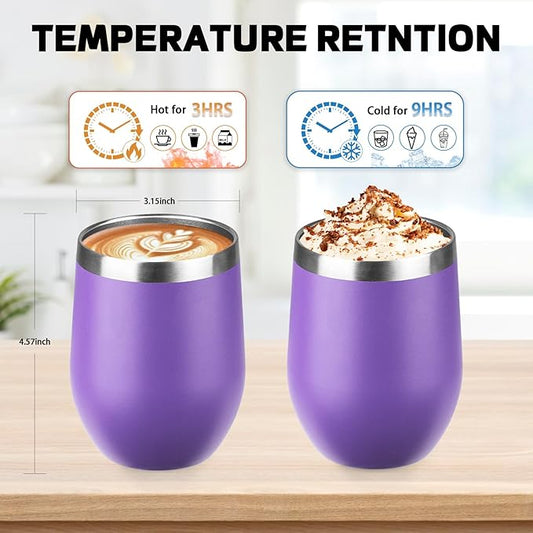 StarSpeed 12oz/12 Pack Wine Tumbler with lid, Stainless Steel Travel Mugs Stemless Double Wall Insulated Coffee Cup, Insulated Wine Glasses Travel Tumbler for Cold & Hot Drinks(Purple, 12)