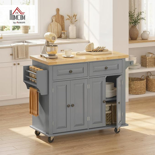 HOMCOM Kitchen Island Cart with Rubber Wood Top, Rolling Kitchen Island Table on Wheels with Drawers, Adjustable Shelves, Spice Rack and Towel Rack for Dining Room, Gray