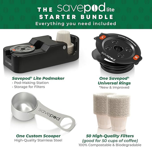 Savepod Coffee Pod Maker – Lite Reusable Pod Maker Kit Includes Universal Ring, Stainless Steel Scoop, 50 Compostable Filters & Manual PodMaker for Keurig Coffee Maker, Easy Daily Coffee Refill
