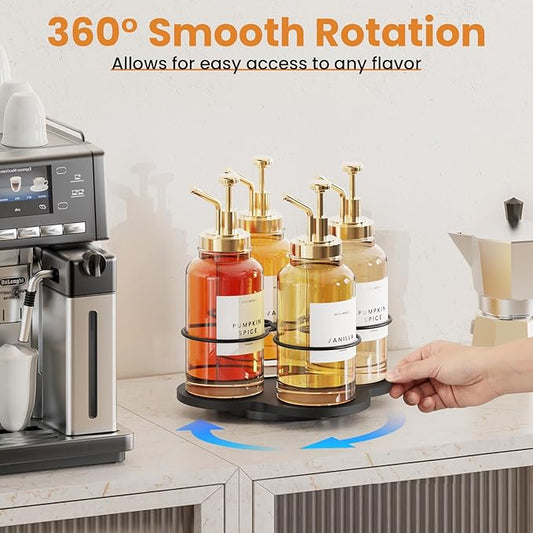 THYGIFTREE Rotating Coffee Syrup Organizer 4 Bottles Syrup Rack for Countertop Wood Bottle Holder Stand for Coffee Bar Station, Black