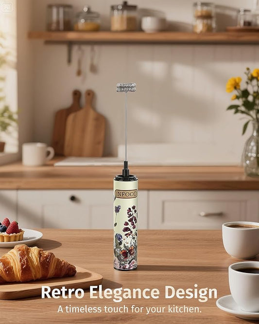 INFOOD Milk Frother Rechargeable with Cover - Coffee Frother Wand, Drink Mixer Handheld with 2 Detachable Stainless Whisks 2 Speed Adjustable for Latte, Cappuccino, Hot Chocolate, Egg, Vintage Floral