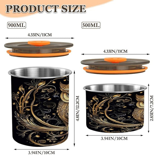 Coffee Storage Containers Airtight Food Storage Canister Set with Vacuum Seal, 500ml Food Grade Stainless Steel Coffee Bean & Tea Storage Jar Gold Owl