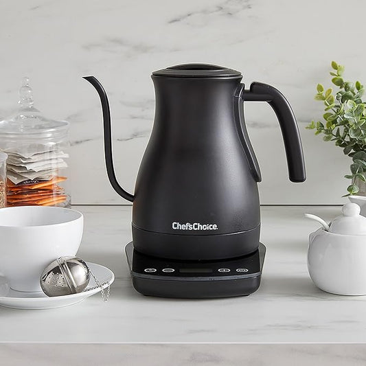 Chef'sChoice Electric Kettle Gooseneck Style Perfect for Pour-Overs Stainless Steel Construction 1200 Watts with Auto-Shutoff & Boil-Dry Protection, 1-Quart, Black