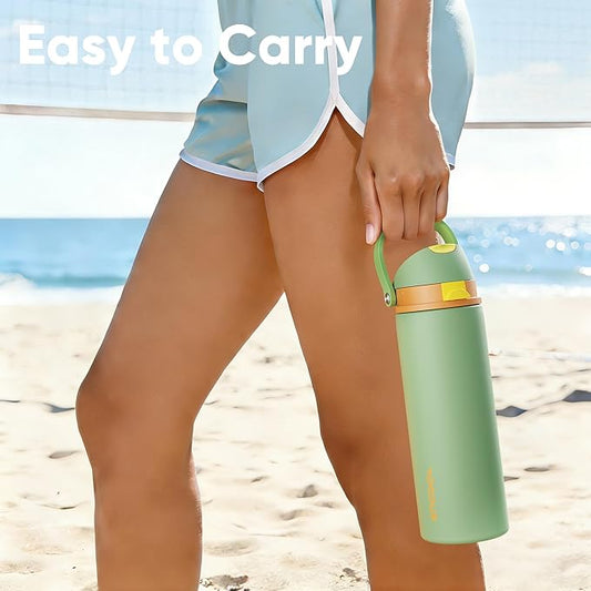 Insulated Water Bottle with Straw - Encool Stainless Steel Water Bottle with Push Button Lid, Leak-Proof & BPA-Free, Keeps Cold for 24 Hours for Sports, Travel, Gym (32 oz, Lichen-Yellow)