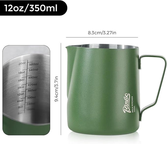 Milk Frothing Pitcher – Stainless Steel Latte Art Pitcher for Steaming and Frothing Milk – Espresso Coffee Milk Jug with Handle – Barista Tool for Latte, Cappuccino(Green-12oz)