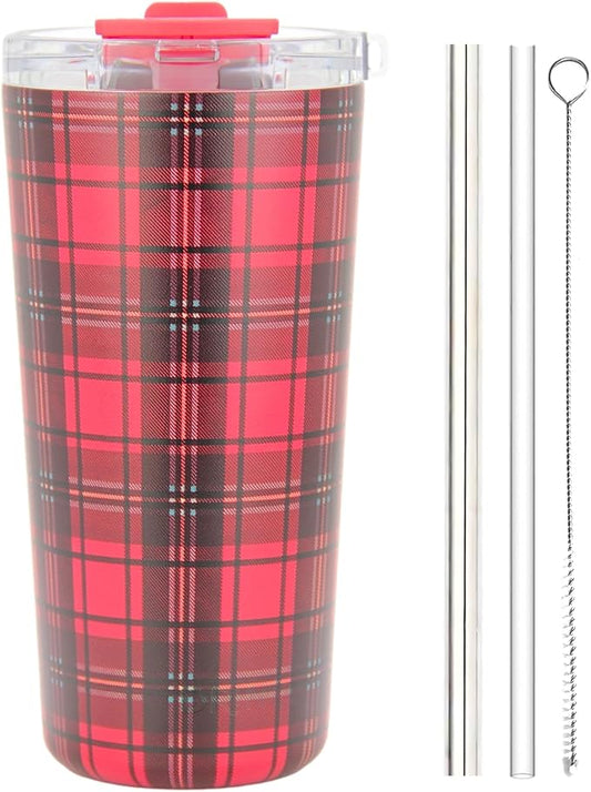 Drinco - 20 oz Stainless Steel Tumbler | Double Walled Vacuum Insulated Mug With Lid, 2 Straws, For Hot & Cold Drinks (20oz Tartan Plaid)