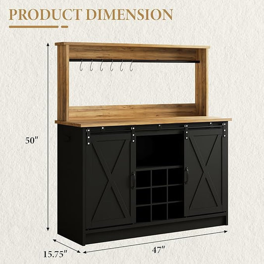 4ever2buy Farmhouse Coffee Bar Cabinet with Hutch, 47 Inch Buffet Cabinet with Storage, Wine Bar with 9 Wine Racks and 6 Hooks, Coffee Bar Table with Adjustable Shelves for Living Dining Room, Black