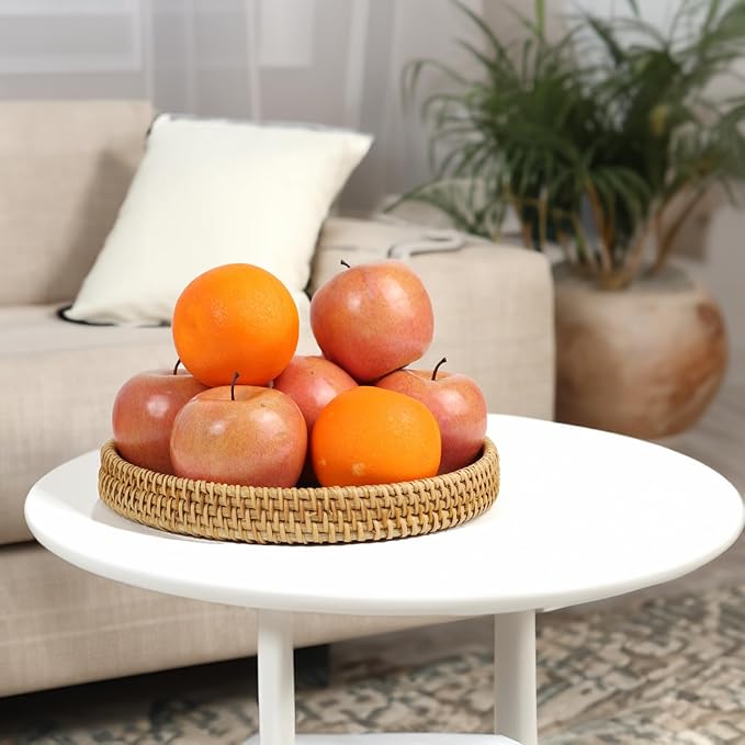 Round Rattan Tray with Mother of Pearl Inlay, Set of 3 Serving Trays for Coffee Table, Decorative Wicker Woven Ottoman Tray for Table Home Decor, Kitchen, Coffee, Bread, Fruits