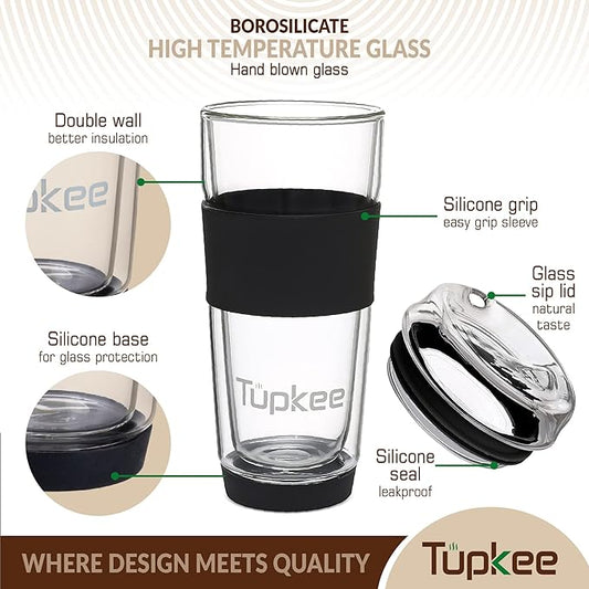 Tupkee Double Wall Glass Tumbler - 14-Ounce, All Glass Reusable Insulated Tea/Coffee Mug & Lid, Hand Blown Travel Mug - Black