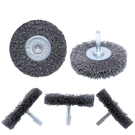 HOYIN 5-Pack 3" Coarse Crimped Carbon Steel Wire Wheel Brush - 0.012" Bristles, 5/8" Face Width, 1/4" Mounted Stem for Drills & Grinders - Heavy-Duty Design