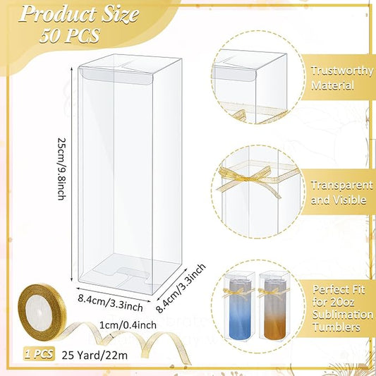 50 Pcs Mug Gift Boxes Clear Tumblers Packaging Box with Ribbon for Sublimation Tumblers Compatible with Stanley 11oz 12oz 15oz 20oz 30oz 40oz(3.3 x 3.3 x 9.8 Inch)