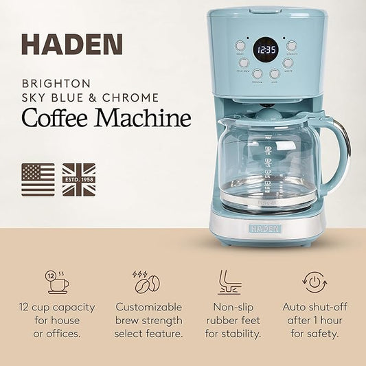 Haden Brighton Coffee Machine, 12 Cup Programmable Drip Coffee Maker with Auto Shut-Off Function and Reusable Washable Water Filter, Sky Blue & Chrome