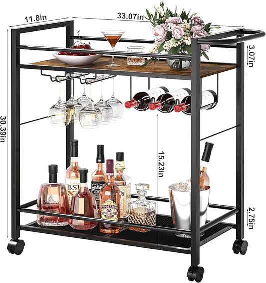 Bar Cart,Home Bar Serving Cart with Storage Shelves, 2 Tier Rolling Beverage Cart with Wheels, Modern Retro Brown Wine Cart with Wine Rack and Glass Holder for Kitchen, Dinning Room,Living Room