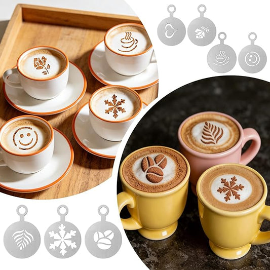 7PCS Coffee Stencils Latte Art, Stainless Steel Reusable Metal Coffee Stencils with Various Patterns for Cappuccino Cake Cookie Decorating Home and Cafe Use (Silver)