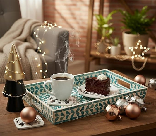 PEMAR Rectangular Mother of Pearl Serving Tray Nacre Wood Lap Ottoman Tray for Coffee Table, Luxury Decorative Handmade Eating Platters w Insert Handles (Teal Floral Pattern)
