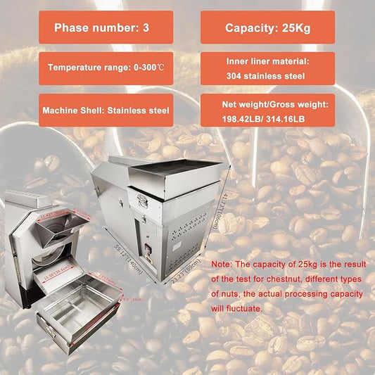 Banfluxion Electric Heating Coffee Bean Roaster 220V 6.5KW Commercial Stainless Steel Nuts Bean Roasting Machine Roller Type Baking Machine 0-300℃ 25kg Chestnut Capacity 3PH