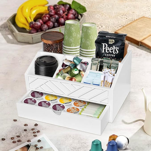 Coffee Bar Organizer with Drawer, Coffee Station Organizer for Countertop, Wood Coffee Bar Accessories Organizer for Coffee Bar Decor, Farmhouse Coffee Cup Pod Holder Condiment Organizer(White)