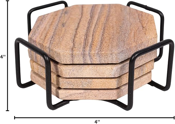 Sandstone Water Absorbent Hand Crafted Octagon Coasters with Holder for Drinks 4 Inches Wide Thirsty Stone Bar/Drink Coasters Made from Real Solid Stone (with Holder, Set of 4)