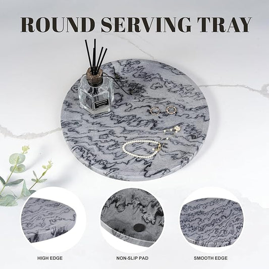 Natural Marble Tray, 11.8in Serving Tray for Fruit, Round Decorative Vanity Dish for Jewelry&Key, Quality Storage Plate for Kitchen Coffee Table and Bathroom Desktop, Monte Grigio