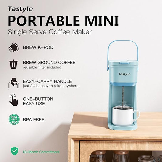 Tastyle Single Serve One Cup Coffee Maker, for K Cups and Grounds, Mini Coffee Maker with Portable Handle, 6 to 12 Oz Brew Size, for Travel, Camping, Office, RV and Dorm, 120V, Aqua