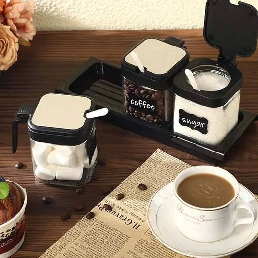 Suclain 3 Pcs Glass Coffee Containers Coffee Station Organizer Set, Airtight Bean Storage Jars with Shelf,labels,spoon, Base and Pen,for Sugar, Candy, Oats, Nuts(Black)