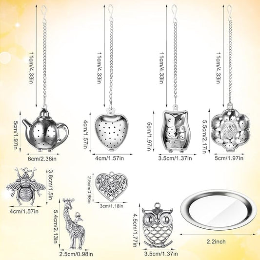 Cunhill 4 Sets Loose Tea Infusers Stainless Steel Teaballs Cute Tea Strainers Steeper Filters with Crystal Stone Pendants and Drip Tray Teacups Accessories(Funny Style)