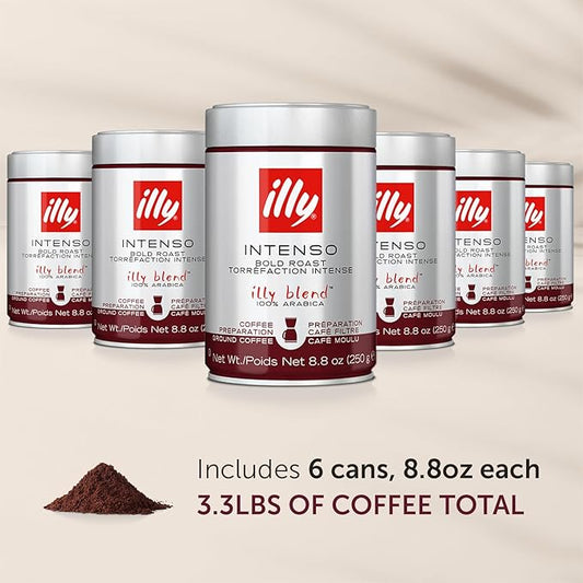 illy Ground Drip Coffee, Intenso Dark Roast, 100% Arabica, Premium Italian Coffee, Pre-Ground for Drip Brewers, 8.8oz, 6 Pack