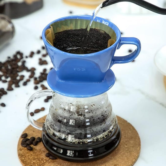 Pour Over Ceramic - Coffee Dripper Ceramic Coffee Maker with 3 Holes Flat Bottom, Porcelain Slow Filter Cone for Travel, Camping, Office, Home, Coffee Maker Brew, Blue