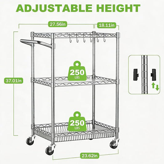3 Tier Rolling Utility Carts with Wheels Heavy Duty Storage Cart 750Lbs Capacity Adjustable Kitchen Metal Organizer Cart with Handle & Shelf Liner Commercial Service Trolley for Indoor & Outdoor Use