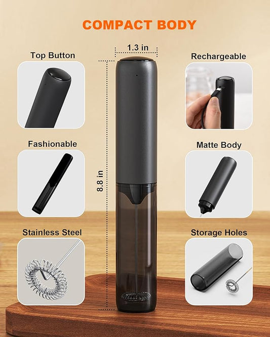 Rechargeable Milk Frother with Cover, Easy to Carry Drink Mixer Handheld, Electric Frother Wand for Coffee, Latte, Cappuccino, Frappe Drink, Hot Chocolate, Black