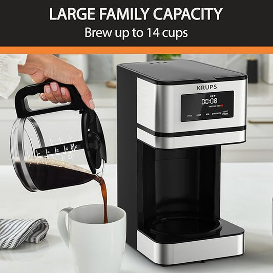 KRUPS Simply Brew: Stainless Steel and Glass Carafe 12 Cup Drip Coffee Maker, Programmable with Digital Display, Dishwasher Safe, Drip Free Coffee Machine, Black and Silver