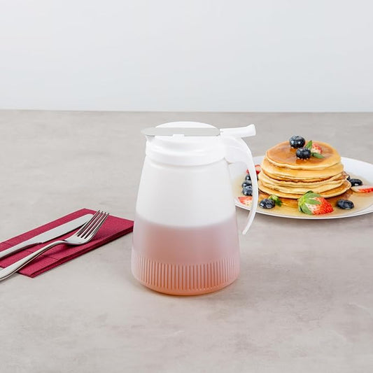 Restaurantware-Chef 101 48 Ounce All Purpose Syrup Dispensers, 10 Honey Dispensers - White Top, Stainless Steel Slide Cover, Plastic Pancake Syrup Bottle, Perfect For Diners, Restaurants, Home