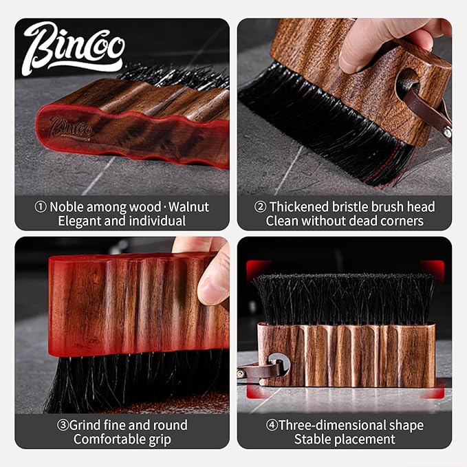 Bincoo Coffee Brush with Cleaning Cloth - Wooden Handle Cleaning Brush for Grinders, Espresso Machines & Countertops, Reusable Barista Tool with Hanging Hook for Coffee Grounds Removal