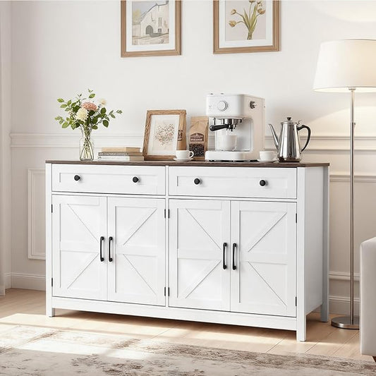 VEVOR Buffet Cabinet, Farmhouse Sideboard Cabinet with Drawer, Coffee Bar Cabinet with 4 Barn Door, Sideboard Buffet Station for Living Room, Entryway, Kitchen, 55.1 x 15.5 x 31.5 in, White