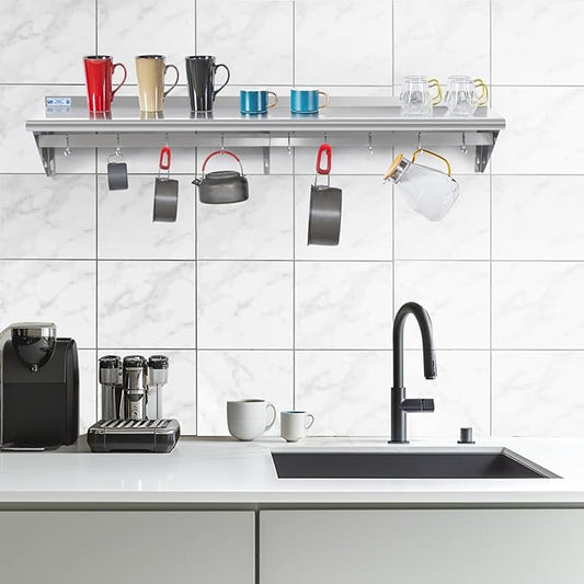 Hally Stainless Steel Shelf with 9 Hooks 12" x 72" Wall Mounted Pot Rack 345lb, NSF Commercial Floating Shelving for Storage Hanging Pots, Pans, cookware in Restaurant, Kitchen, Home and Hotel
