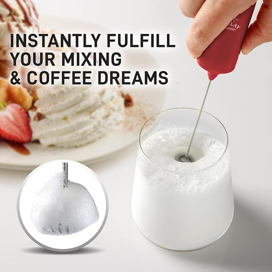 Mini & Mighty Milk Frother Wand – Powerful Handheld Coffee Frother, Battery Operated Drink Mixer – Compact Pocket Size – Detachable Whisk for Latte, Cappuccino, Matcha, Hot Chocolate – Cranberry
