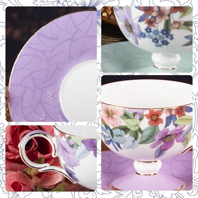 KAMMAK Ceramic Coffee Cups Saucers Set of 2, Porcelain Espresso Cups with Saucers, 6.52 oz Handmade Elegant Bone China Tea Cup, Ceramic Floral Pattern Demitasse for Latte, Americano, Cappuccino