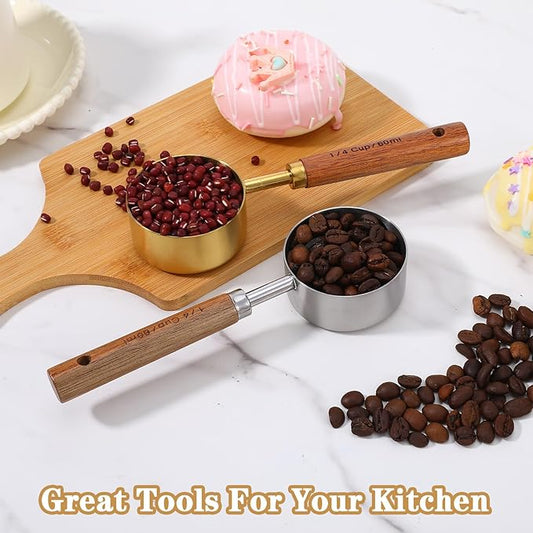 2 PCS Stainless Steel 1/4 Cup Scoop with Wooden Handle, Measuring Cups Metal Measuring Spoons and Cups 60 ML Dog Food Measurings Cup for Coffee, Kitchen, Cooking & Baking, Gold and Silver