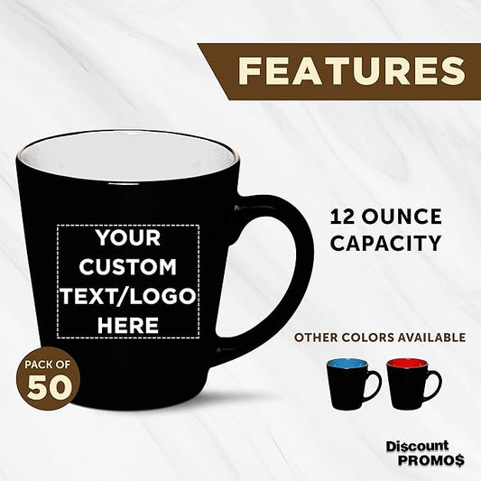 Custom Ceramic Coffee Latte Mugs 12 oz. Set of 50, Personalized Bulk Pack - Perfect for Coffee, Tea, Espresso, Hot Cocoa, Other Beverages - White