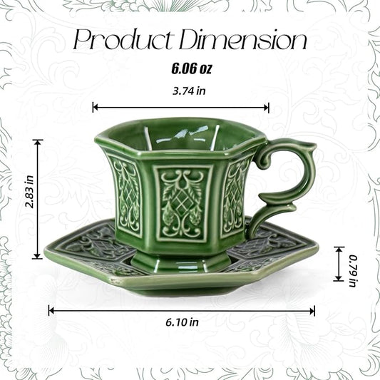 KAMMAK Tea Cups and Saucers Set of 2, Porcelain Coffee Cups, 6-Ounce Stackable Espresso Mugs, Ceramic Demitasse for Coffee, Latte, Americano, Tea, Retro Green