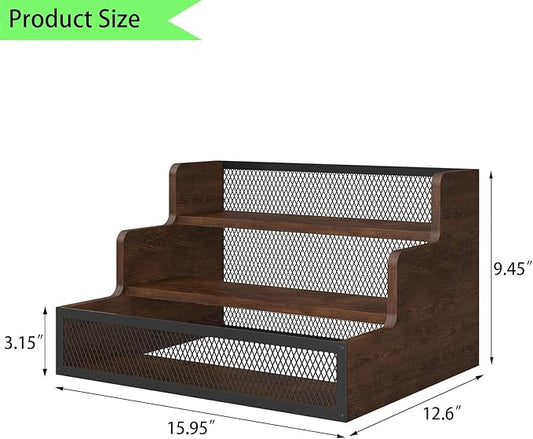 KOKSTOP 3-Tier Liquor Bottle Display Shelf, Rustic Wooden Bottle Holder Stand for Liquor Whiskey Wine Coffee Bottle Display with Fences, Storage Countertop Shelf for Café, Bar, Office Station