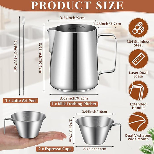4 Pcs Espresso Accessories Kit with Espresso Cups with Handle, Milk Frothing Pitcher and Latte Art Pen Stainless Steel Cappuccino Machine Accessories for Coffee Bar (Silver,250ml, 600ml)