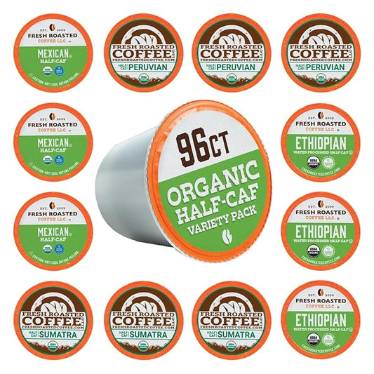 Fresh Roasted Coffee, Organic Water-Processed Half-Caf Variety Pack | USDA Organic, Kosher | K-Cup Compatible, 96 Pods
