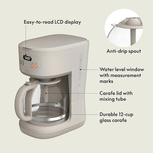 BELLA 12 Cup Programmable Coffee Marker, Reusable Dishwasher Safe Accessories, Easy LCD diaply, Auto Shutoff, 900 watt, Oatmilk
