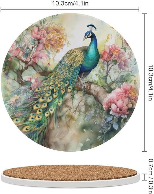 Round-6PCS Peacock Drink Coasters, Round Modern Ceramic Absorbent Coasters, Vintage Watercolor Style Floral Beautiful Peacock Decor Desk Coffee Table Coaster for Beverage Cup Tea Coasters