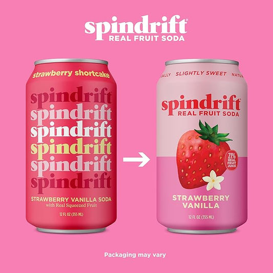Spindrift Soda "Strawberry Shortcake" Strawberry Vanilla Soda with Real Squeezed Fruit 12 Pack Case