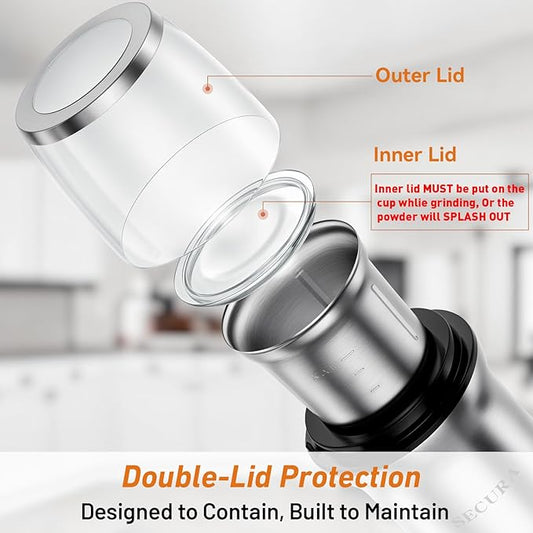 Secura Electric Coffee Grinder and Spice Grinder with 2 Stainless Steel Blades Removable Bowls