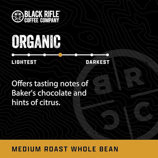 Black Rifle Coffee Company Organic, 12oz Bag, Whole Bean Medium Roast - Roasted Blend Made from Arabica Beans - Colombian & Brazilian Beans - Veteran Founded & American Made