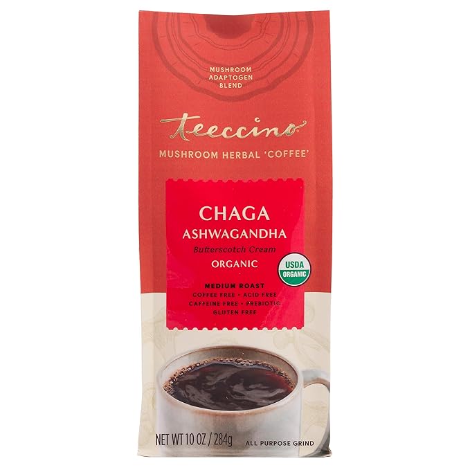 Teeccino Chaga Ashwagandha Coffee Alternative - Butterscotch Cream - Organic, Adaptogenic Herbal Mushroom Coffee, Medium Roast, Caffeine Free, Prebiotic, Acid Free, Gluten Free - 10 oz