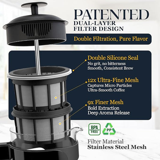 ESPRO P3 French Press Coffee Maker – Patented Double Micro-Filter for Grit-Free Brew, Heat Resistant thicker Borosilicate Glass Coffee press – (18 oz)